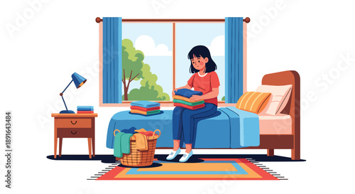 Independent little girl folding clean clothes on her bed, modern flat vector illustrating good habits, self-reliance, and tidy daily home routine