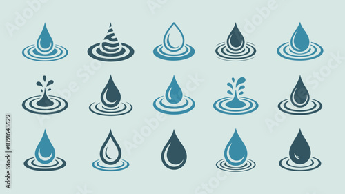 A collection of stylized blue water droplets and their corresponding ripple effects are displayed against a light blue background high quality professional detailed modern elegant stylish