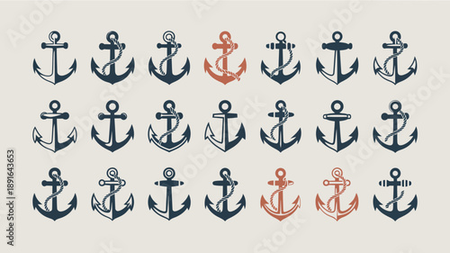 A collection of vintage nautical anchors in varying shades of blue and red arranged in a grid like pattern on a light background high quality professional