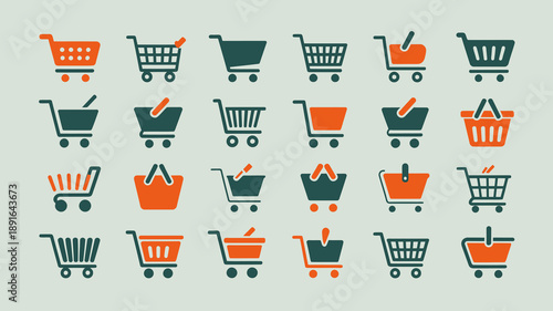 A collection of minimalist shopping cart icons in varying styles and colors including orange teal and black arranged in a grid high quality professional detailed modern