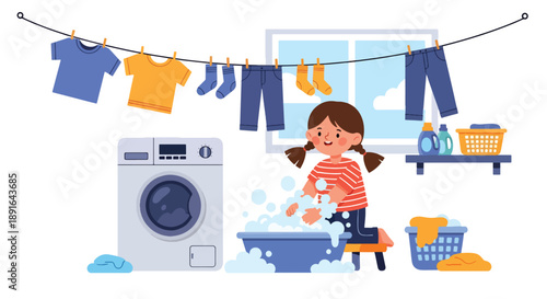 Independent little girl washing her clothes by hand at home, modern flat vector promoting good habits, responsibility, and self-care skills