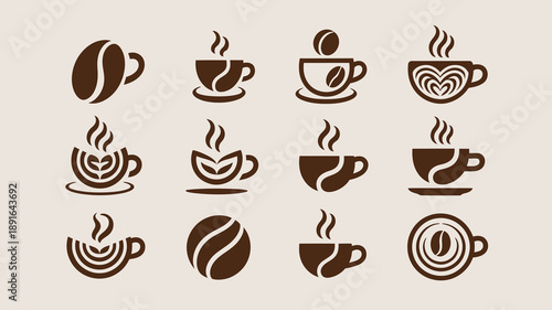 An assortment of coffee beans and steaming cups of coffee are displayed in a repeating grid pattern showcasing various brew styles high quality professional detailed modern