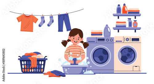 Independent little girl washing her clothes by hand at home, modern flat vector promoting good habits, responsibility, and self-care skills