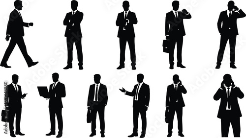 Black silhouettes of businessmen in various poses on white background businessmen, silhouettes, black, white background, suits, ties, briefcases, phones, laptops, walking, standing, talking, gesturing