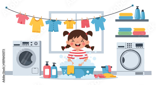 Independent little girl washing her clothes by hand at home, modern flat vector promoting good habits, responsibility, and self-care skills