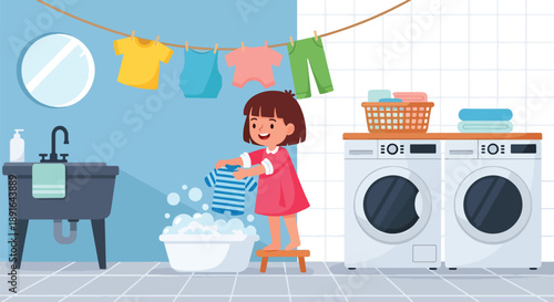 Independent little girl washing her clothes by hand at home, modern flat vector promoting good habits, responsibility, and self-care skills