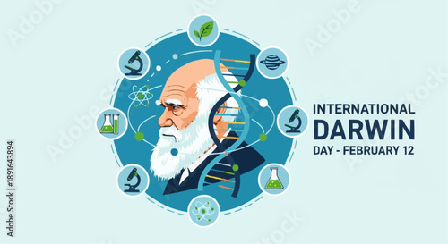 Charles darwin portrait with dna helix and science symbols on international darwin day