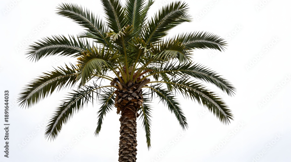 Fototapeta premium Palm tree with green fronds and brown trunk isolated against a white sky