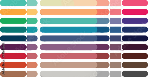 Set of horizontal color gradients in teal, peach, green, blue, purple, red, orange, brown, and gray for design and palette reference themes.