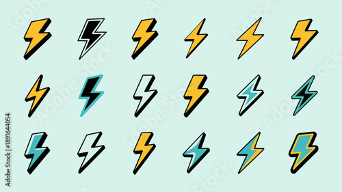 A collection of stylized lightning bolt illustrations in varying shades of yellow and teal are arranged on a light blue background high quality professional detailed modern