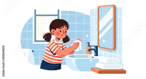 Independent little girl cleaning bathroom sink and mirror, modern flat vector showing good habits, hygiene awareness, and daily responsibility