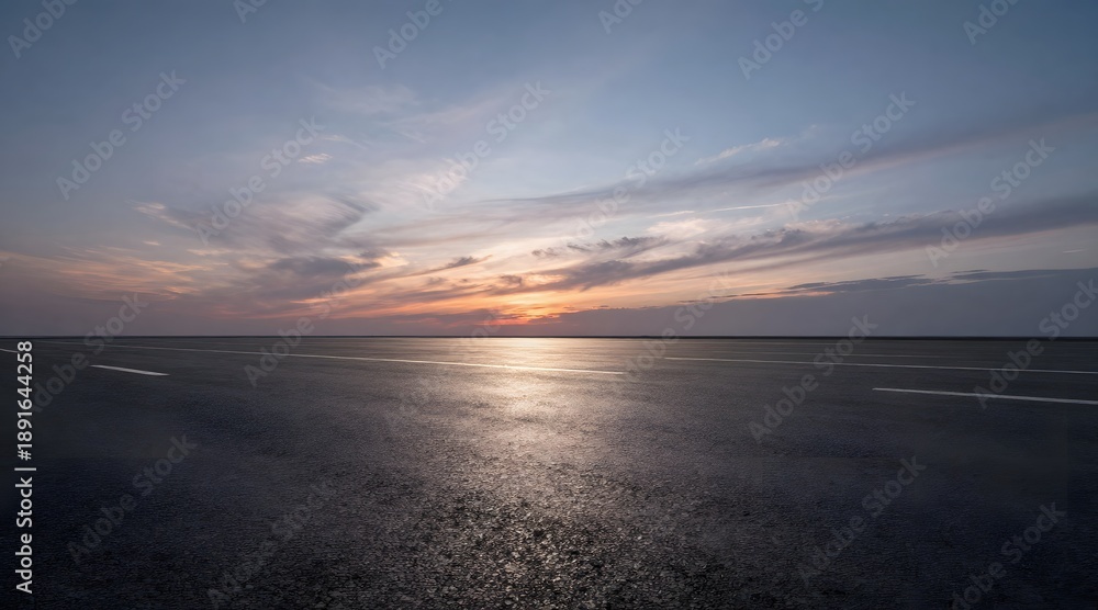 Fototapeta premium Empty highway stretches out under a sky painted with hues of orange at sunset