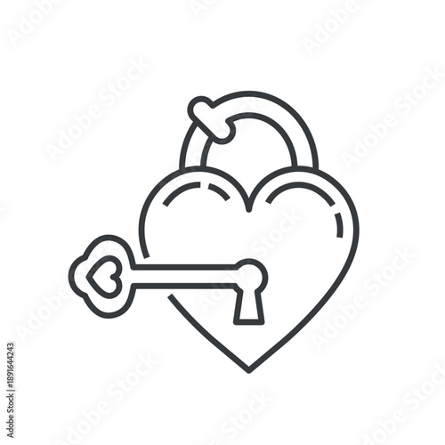 Heart-shaped padlock with a key thin line icon. Editable stroke. Symbol of love, romance, security, privacy. For cards, gifts, apps, and festive designs. Web and mobile element. Vector illustration