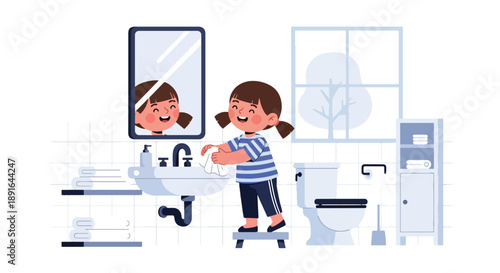 Independent little girl cleaning bathroom sink and mirror, modern flat vector showing good habits, hygiene awareness, and daily responsibility