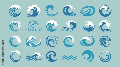 A collection of stylized blue wave illustrations are arranged in a grid pattern against a pale teal background high quality professional detailed modern elegant stylish clean