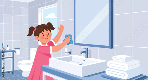 Independent little girl cleaning bathroom sink and mirror, modern flat vector showing good habits, hygiene awareness, and daily responsibility
