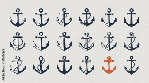 An assortment of vintage and modern anchor illustrations are displayed in varying styles arranged in a grid like pattern on a neutral background high quality professional