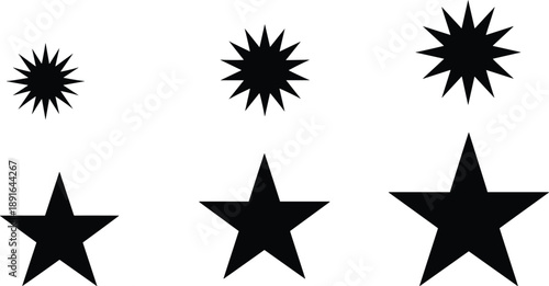 Set of six black star shapes in increasing size and complexity for design comparison, vector illustration, and decorative graphic themes.