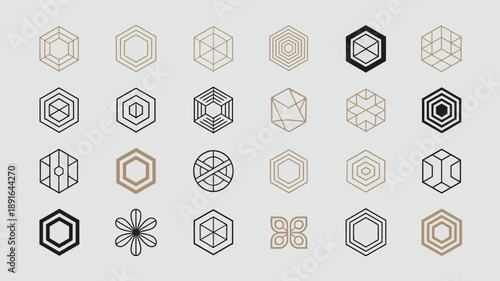 An assortment of geometric designs featuring hexagonal and polygonal shapes varying in color and complexity on a light gray background high quality professional detailed modern elegant