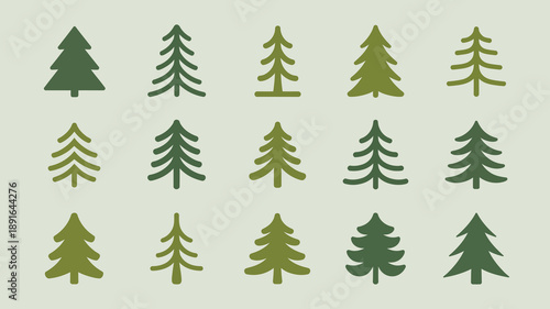 A repeating pattern showcases various stylized coniferous tree shapes in differing shades of green against a pale background high quality professional detailed modern elegant stylish clean