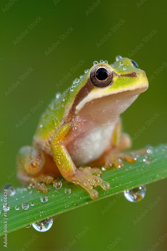 Obraz premium Tiny Green Amphibian Perched Gracefully On A Dew-Kissed Leaf