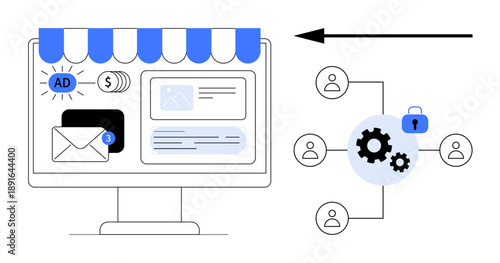 Digital marketing. Digital marketing displayed with data management elements, email notifications, ad placement, and secured processes. Digital marketing tool for e-commerce, ads, apps, analytics