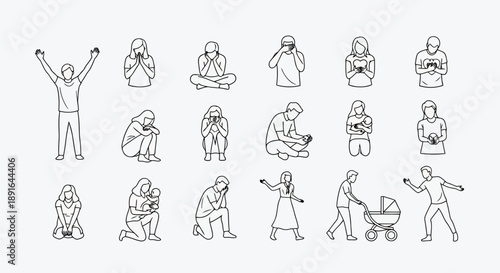 Collection of diverse human silhouette illustrations showing emotions, actions, and daily activities in minimalist line art style