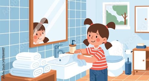 Independent little girl cleaning bathroom sink and mirror, modern flat vector showing good habits, hygiene awareness, and daily responsibility