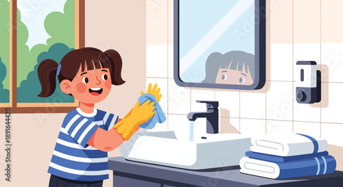 Independent little girl cleaning bathroom sink and mirror, modern flat vector showing good habits, hygiene awareness, and daily responsibility