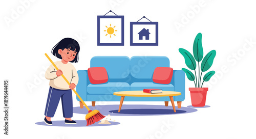 Independent little girl sweeping the living room floor, modern flat vector illustrating good habits and caring for a clean home environment