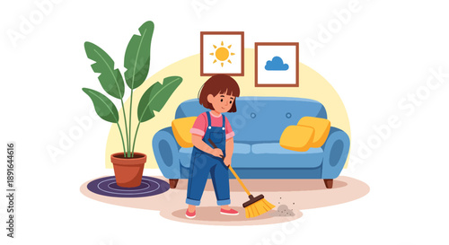 Independent little girl sweeping the living room floor, modern flat vector illustrating good habits and caring for a clean home environment