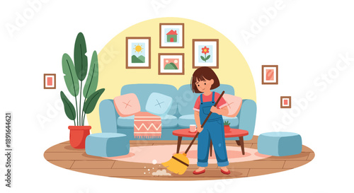 Independent little girl sweeping the living room floor, modern flat vector illustrating good habits and caring for a clean home environment