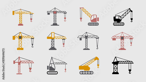An assortment of construction cranes is displayed in a grid pattern showcasing various colors and perspectives high quality professional detailed modern elegant stylish clean crisp vibrant