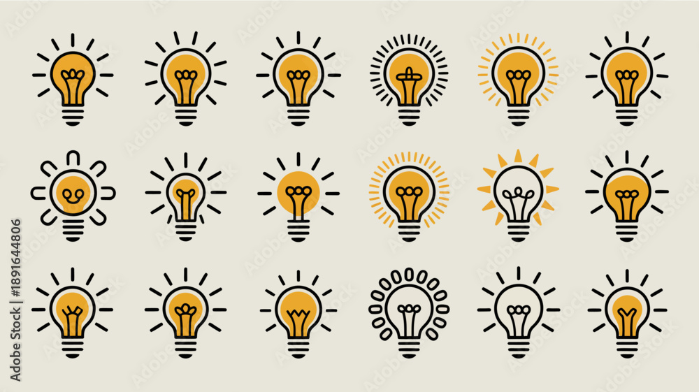 Fototapeta premium A collection of various lightbulb icons is displayed against a pale beige background representing ideas and innovation high quality professional detailed modern elegant stylish clean crisp