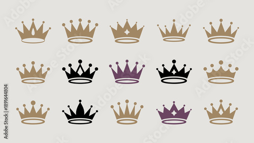 A collection of golden purple and black crowns are displayed in a grid pattern against a pale gray background high quality professional detailed modern elegant stylish