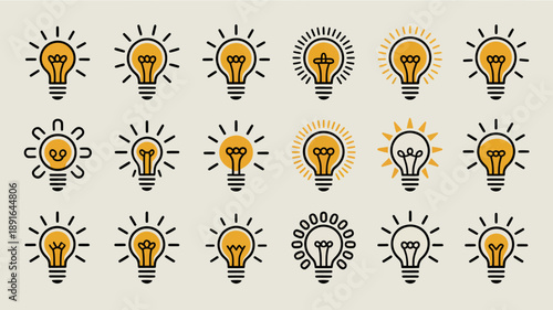A collection of various lightbulb icons is displayed against a pale beige background representing ideas and innovation high quality professional detailed modern elegant stylish clean crisp