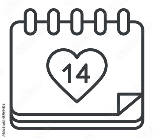 Calendar with number 14 circled with a heart shape, symbolizing St. Valentine’s Day. Thin line icon with editable stroke. Love date, romantic reminder, holiday planning. Vector illustration
