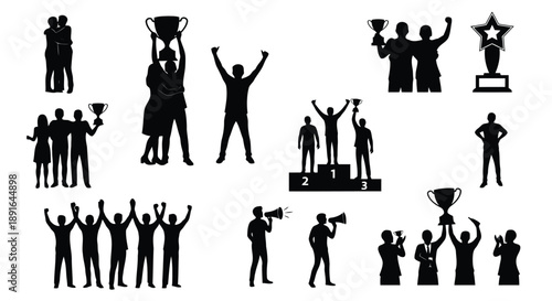 Silhouettes of professionals celebrating victories with trophies and podium finishes in team and individual achievements
