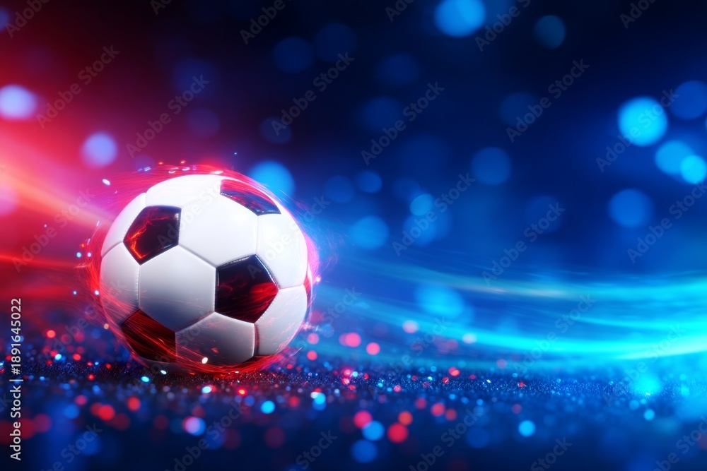 Naklejka premium Abstract 3D Soccer Scene with Glowing Elements in Dark Blue Background