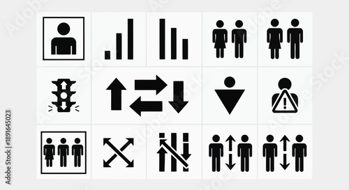 Set of minimalist human icons and symbols illustrating demographics, growth trends, accessibility, directions, and gender representation in vector