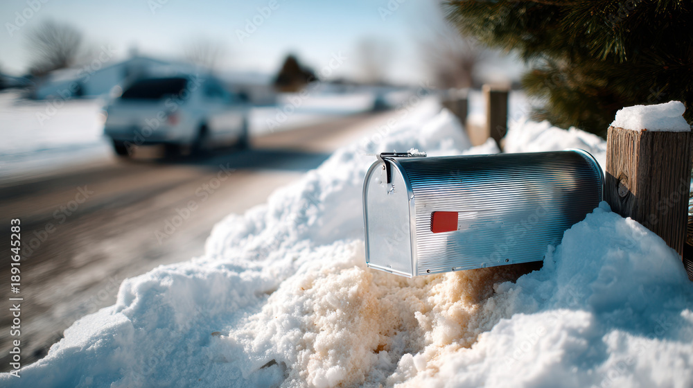Fototapeta premium Snow covered rural mailbox on roadside in winter scene for seasonal use