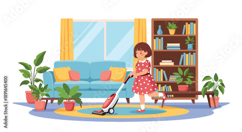 Independent little girl vacuuming the carpet in her living room, modern flat vector promoting good habits and self-discipline at home