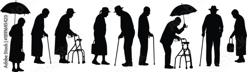 Silhouettes of Elderly People Walking with Canes and Walkers Showing Aging, Mobility Support, Assisted Living, Healthcare, and Senior Care Concept