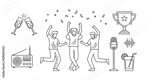 Joyful team celebration with confetti, trophies, and vintage radio broadcasting success and victory moments