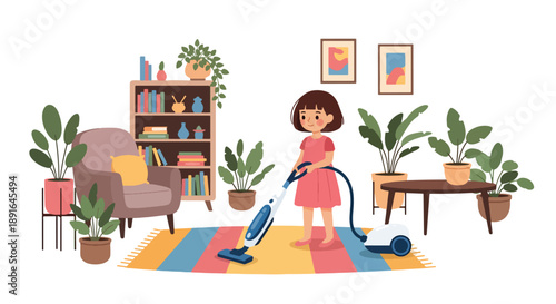 Independent little girl vacuuming the carpet in her living room, modern flat vector promoting good habits and self-discipline at home