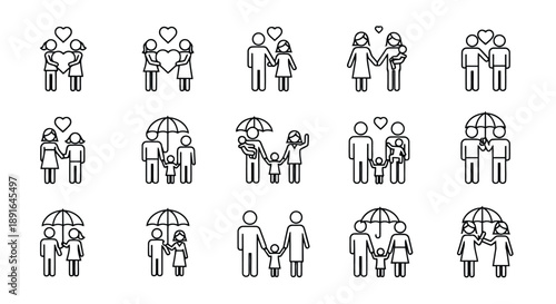 Diverse family silhouettes showing love and togetherness through hugs, hand-holding, and shared moments in simple black outlines