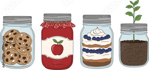 Illustrated mason jars with cookies jam dessert and growing plant, homemade food storage, sustainability, gardening, cozy kitchen concept