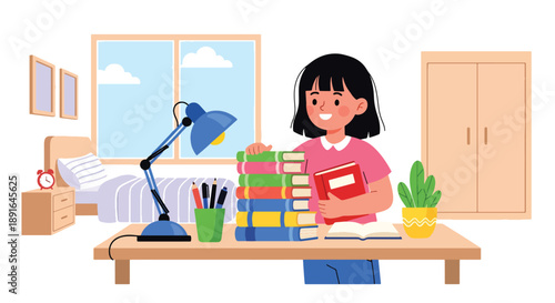 Independent little girl organizing books and supplies on her study desk, modern flat vector encouraging good habits and learning discipline