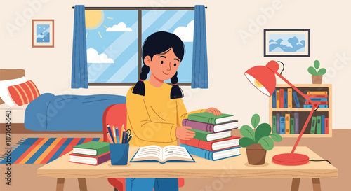 Independent little girl organizing books and supplies on her study desk, modern flat vector encouraging good habits and learning discipline
