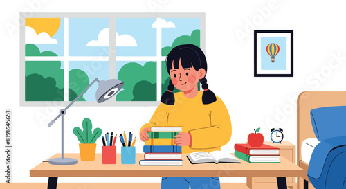 Independent little girl organizing books and supplies on her study desk, modern flat vector encouraging good habits and learning discipline